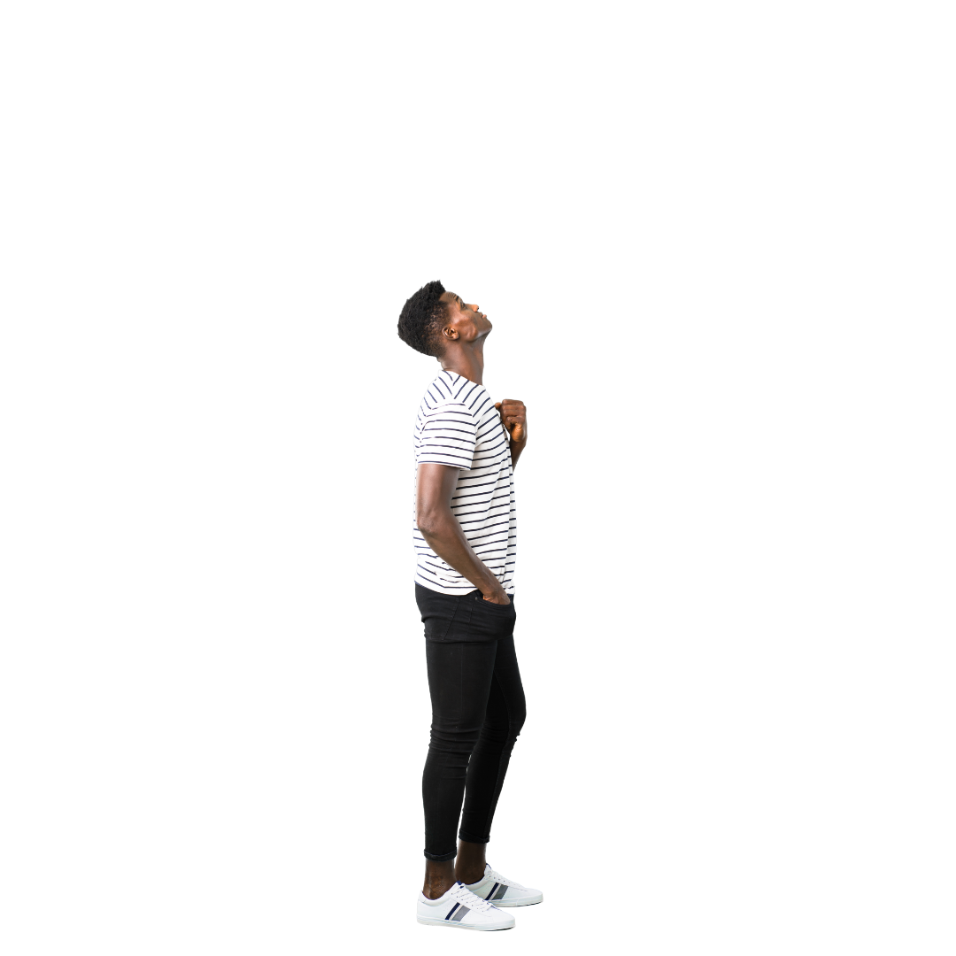 Man looking up at icons of a magnifying glass, check mark, lightbulb, brain cogs and paintbrush.